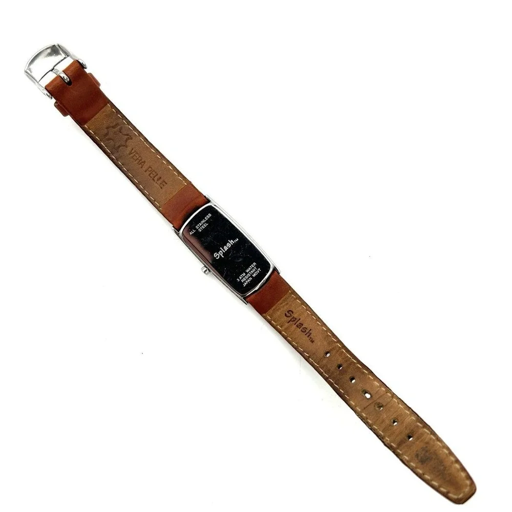 Vintage Y2K Splash Women's Watch Silver Rectangular Minimalist Cognac Leather
